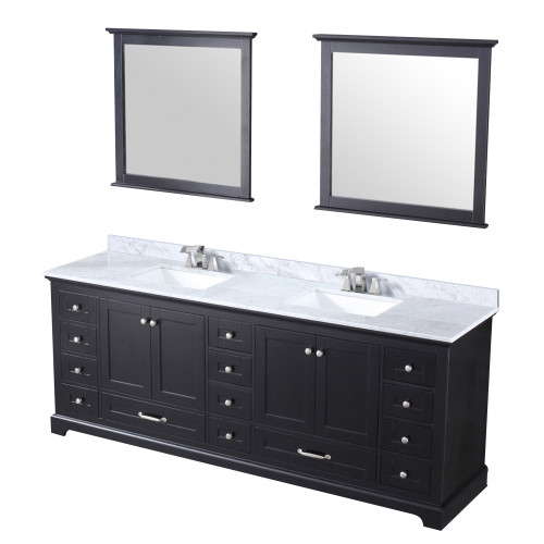 Lexora Dukes 84" Espresso Double Vanity Cabinet, White Carrara Marble Top, White Square Sinks and 34" Mirrors w/ Faucets