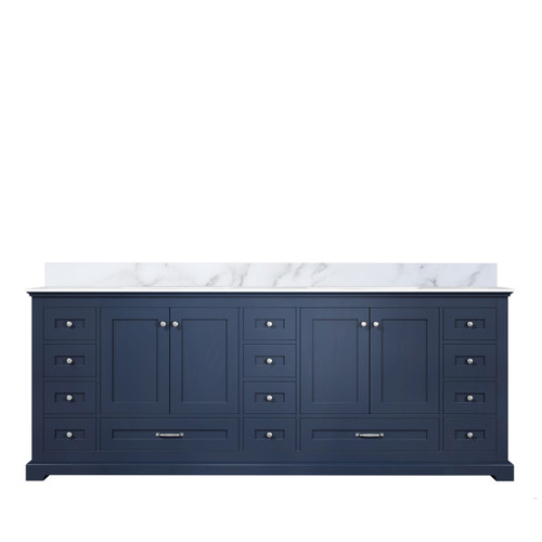 Lexora Dukes 84" Navy Blue Double Vanity Cabinet, White Carrara Marble Top, White Square Sinks and no Mirror