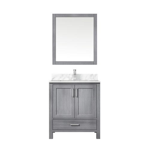 Lexora Jacques 30" Distressed Grey Single Vanity Cabinet, White Carrara Marble Top, White Square Sink and 28" Mirror w/ Faucet