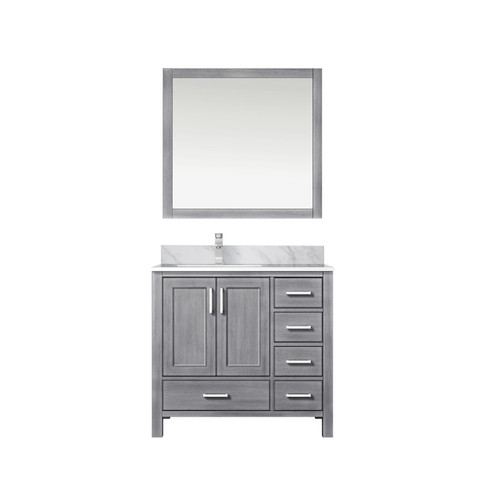 Lexora Jacques 36" Distressed Grey Single Vanity Cabinet, White Carrara Marble Top, White Square Sink and 34" Mirror w/ Faucet - Left Version