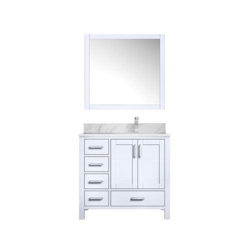 Lexora Jacques 36" White Single Vanity Cabinet, White Carrara Marble Top, White Square Sink and 34" Mirror w/ Faucet - Right Version