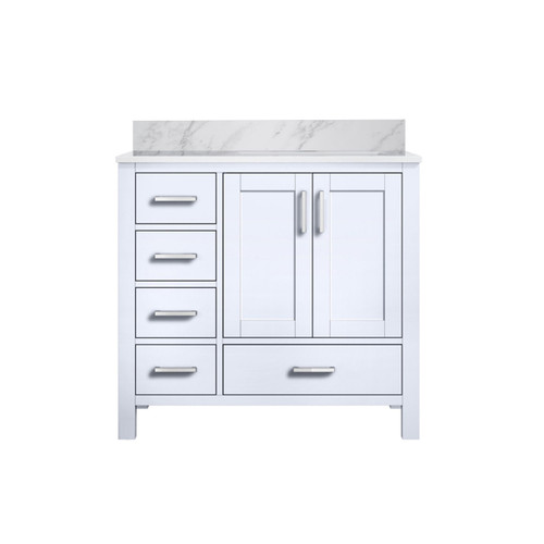 Lexora Jacques 36" White Single Vanity Cabinet, Carrara Marble Top, White Square Sink and no Mirror - Right Version