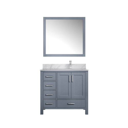 Lexora Jacques 36" Dark Grey Single Vanity Cabinet, White Carrara Marble Top, White Square Sink and 34" Mirror w/ Faucet - Right Version Lexora Jacques 36" Dark Grey Single Vanity Cabinet, White Carrara Marble Top, White Square Sink and 34" Mirror w/ Faucet - Right Version
