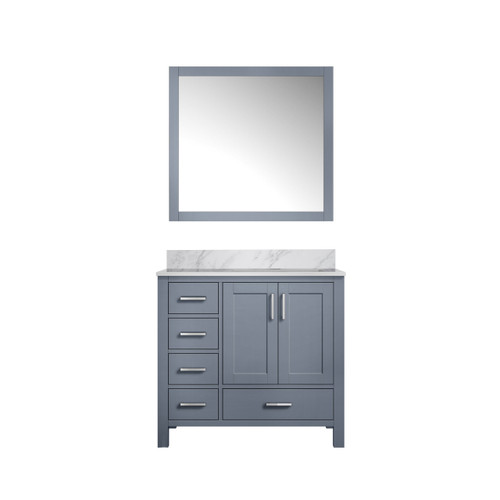 Lexora Jacques 36" Dark Grey Single Vanity Cabinet, White Carrara Marble Top, White Square Sink and 34" Mirror - Right Version