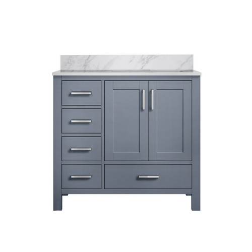 Lexora Jacques 36" Dark Grey Single Vanity Cabinet, White Carrara Marble Top, White Square Sink and no Mirror - Right Version
