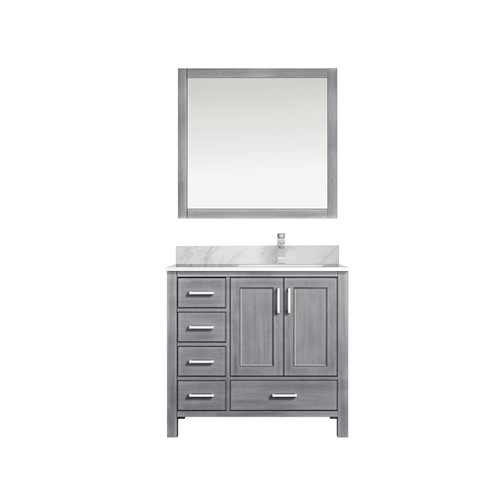 Lexora Jacques 36" Distressed Grey Single Vanity Cabinet, White Carrara Marble Top, White Square Sink and 34" Mirror w/ Faucet - Right Version