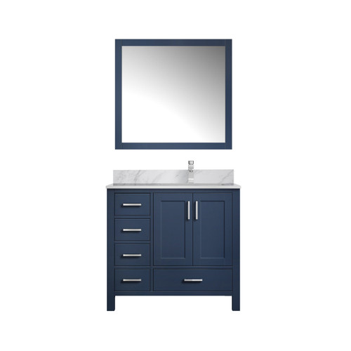 Lexora Jacques 36" Navy Blue Single Vanity Cabinet, White Carrara Marble Top, White Square Sink and 34" Mirror w/ Faucet - Right Version