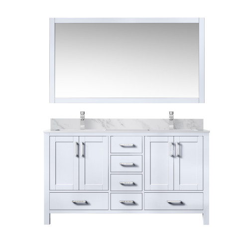 Lexora Jacques 60" White Double Vanity Cabinet, White Carrara Marble Top, White Square Sinks and 58" Mirror w/ Faucets