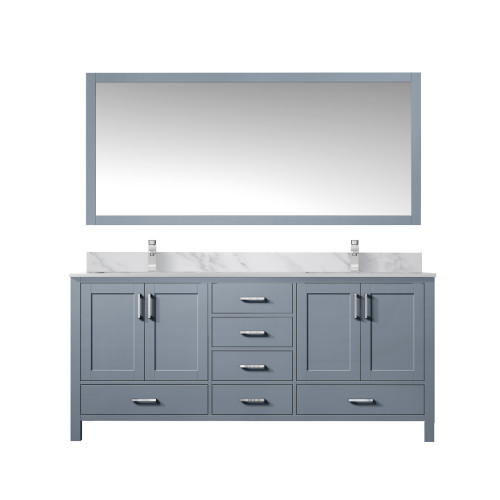 Lexora Jacques 60" Dark Grey Double Vanity Cabinet, White Carrara Marble Top, White Square Sinks and 58" Mirror w/ Faucets