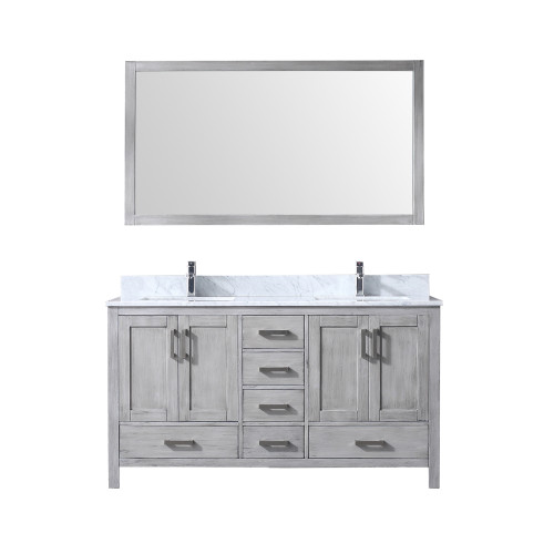 Lexora Jacques 60" Distressed Grey Double Vanity Cabinet, White Carrara Marble Top, White Square Sinks and 58" Mirror w/ Faucets