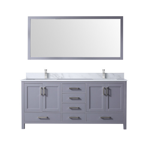 Lexora Jacques 72" Dark Grey Double Vanity Cabinet, White Carrara Marble Top, White Square Sinks and 70" Mirror w/ Faucets