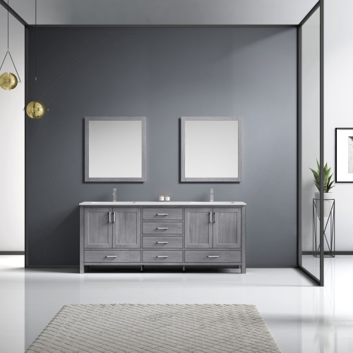 Lexora Jacques 80" Distressed Grey Double Vanity, White Carrara Marble Top, White Square Sinks and 30" Mirrors w/ Faucets