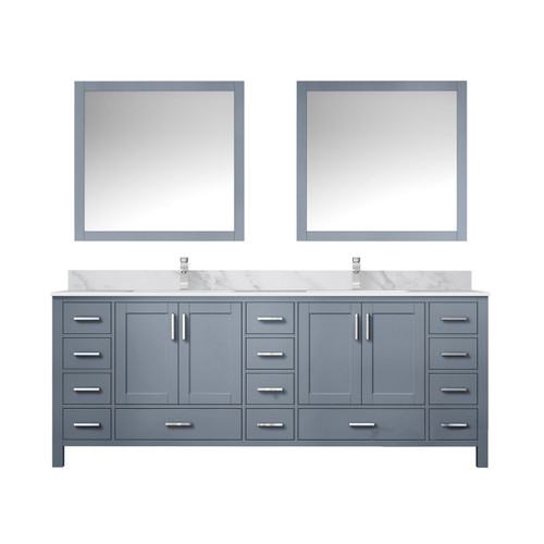 Lexora Jacques 84" Dark Grey Double Vanity Cabinet, White Carrara Marble Top, White Square Sinks and 34" Mirrors w/ Faucets