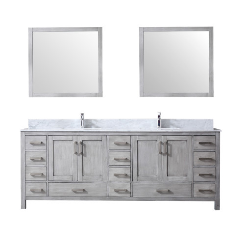 Lexora Jacques 84" Distressed Grey Double Vanity Cabinet, White Carrara Marble Top, White Square Sinks and 34" Mirrors w/ Faucets