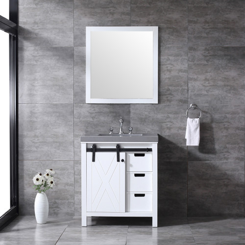 Lexora Marsyas 30" White Single Vanity, Grey Quartz Top, White Square Sink and 28" Mirror w/ Faucet