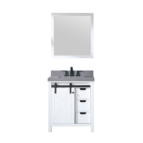Lexora Marsyas 30" White Single Vanity Cabinet, Grey Quartz Top, White Square Sink and 28" Mirror w/ Faucet