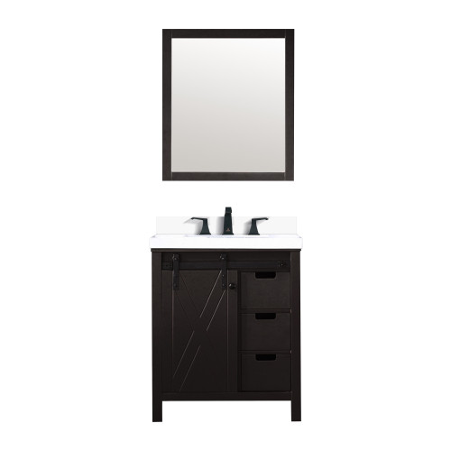 Lexora Marsyas 30" Brown Single Vanity Cabinet, White Quartz Top, White Square Sink and 28" Mirror w/ Faucet