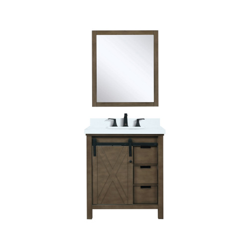 Lexora Marsyas 30" Rustic Brown Single Vanity Cabinet, White Quartz Top, White Square Sink and 28" Mirror w/ Faucet