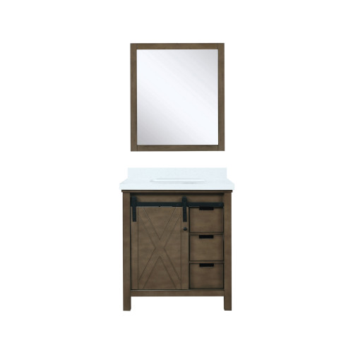 Lexora Marsyas 30" Rustic Brown Single Vanity Cabinet, White Quartz Top, White Square Sink and 28" Mirror