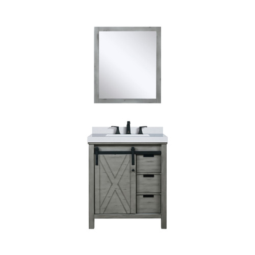 Lexora Marsyas 30" Ash Grey Single Vanity Cabinet, White Quartz Top, White Square Sink and 28" Mirror w/ Faucet