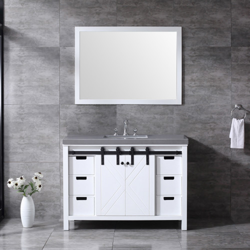 Lexora Marsyas 48" White Single Vanity, Grey Quartz Top, White Square Sink and 44" Mirror w/ Faucet