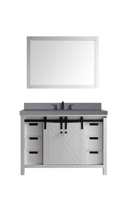 Lexora Marsyas 48" White Single Vanity Cabinet, Grey Quartz Top, White Square Sink and 44" Mirror w/ Faucet
