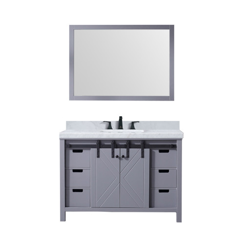 Lexora Marsyas 48" Dark Grey Single Vanity Cabinet, White Carrara Marble Top, White Square Sink and 44" Mirror w/ Faucet