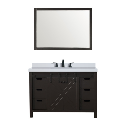 Lexora Marsyas 48" Brown Single Vanity Cabinet, White Quartz Top, White Square Sink and 44" Mirror w/ Faucet