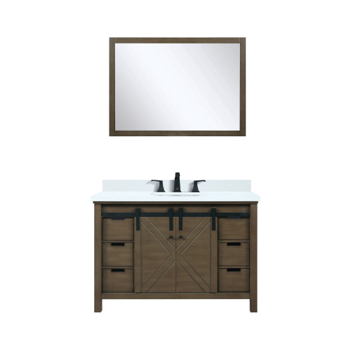 Lexora Marsyas 48" Rustic Brown Single Vanity Cabinet, White Quartz Top, White Square Sink and 44" Mirror w/ Faucet