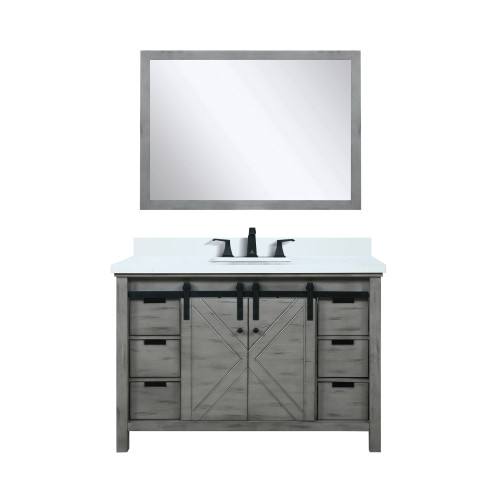 Lexora Marsyas 48" Ash Grey Single Vanity Cabinet, White Quartz Top, White Square Sink and 44" Mirror w/ Faucet