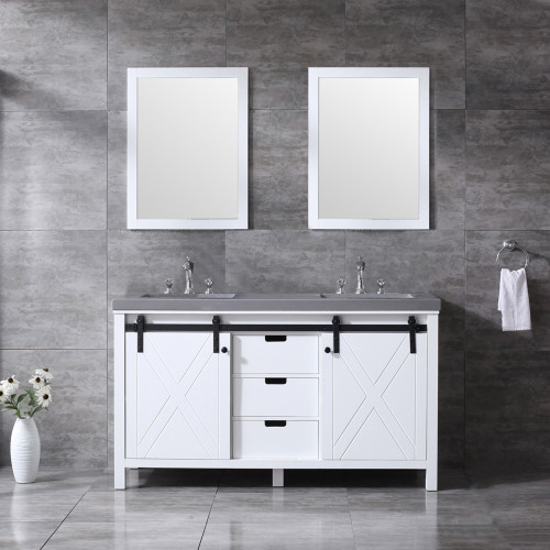 Lexora Marsyas 60" White Double Vanity, Grey Quartz Top, White Square Sinks and 24" Mirrors w/ Faucets