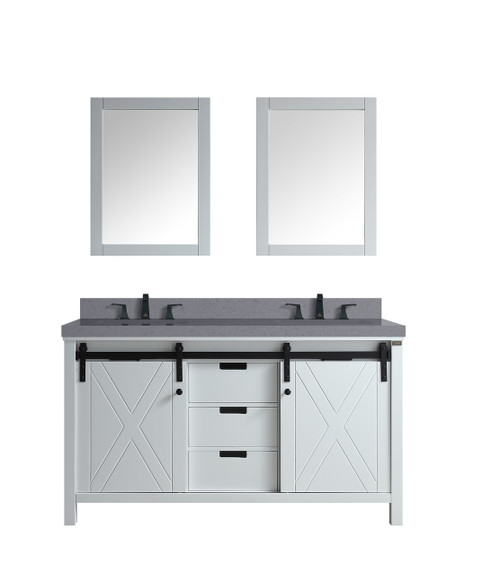 Lexora Marsyas 60" White Double Vanity Cabinet, Grey Quartz Top, White Square Sinks and 24" Mirrors w/ Faucets