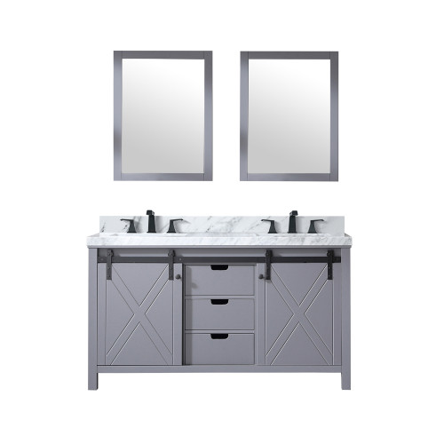 Lexora Marsyas 60" Dark Grey Double Vanity Cabinet, White Carrara Marble Top, White Square Sinks and 24" Mirrors w/ Faucets