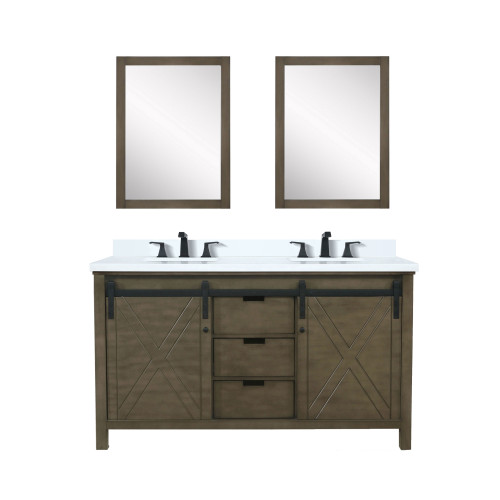 Lexora Marsyas 60" Rustic Brown Double Vanity Cabinet, White Quartz Top, White Square Sinks and 24" Mirrors w/ Faucets