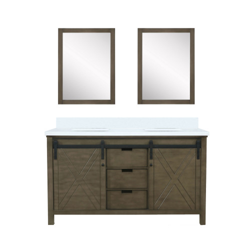 Lexora Marsyas 60" Rustic Brown Double Vanity Cabinet, White Quartz Top, White Square Sinks and 24" Mirrors