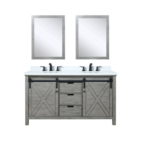 Lexora Marsyas 60" Ash Grey Double Vanity Cabinet, White Quartz Top, White Square Sinks and 24" Mirrors w/ Faucets