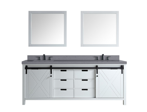 Lexora Marsyas 80" White Double Vanity Cabinet, Grey Quartz Top, White Square Sinks and 30" Mirrors w/ Faucets