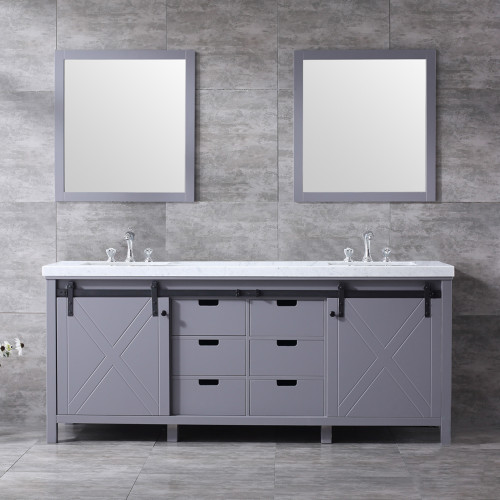 Lexora Marsyas 80" Dark Grey Double Vanity, White Carrara Marble Top, White Square Sinks and 30" Mirrors w/ Faucets