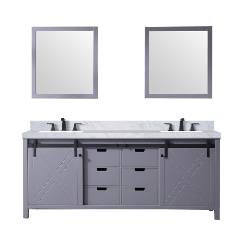 Lexora Marsyas 80" Dark Grey Double Vanity Cabinet, White Carrara Marble Top, White Square Sinks and 30" Mirrors w/ Faucets