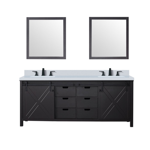 Lexora Marsyas 80" Brown Double Vanity Cabinet, White Quartz Top, White Square Sinks and 30" Mirrors w/ Faucets