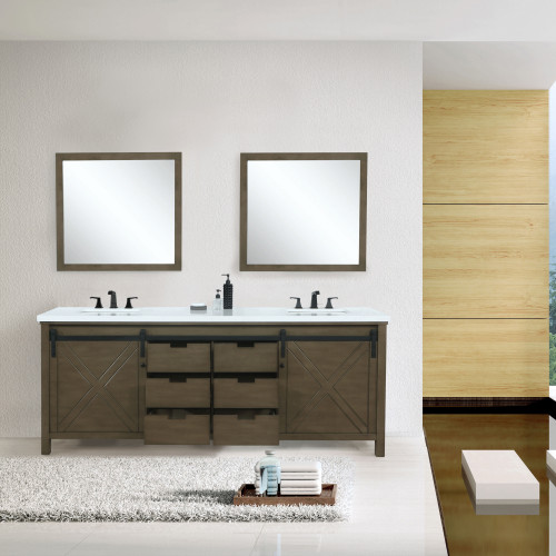 Lexora Marsyas 80" Rustic Brown Double Vanity, White Quartz Top, White Square Sinks and 30" Mirrors w/ Faucets