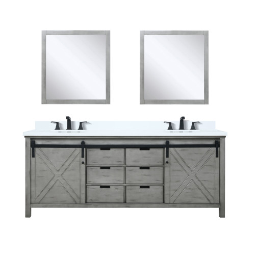 Lexora Marsyas 80" Ash Grey Double Vanity Cabinet Ash Grey, White Quartz Top, White Square Sinks and 30" Mirrors w/ Faucets