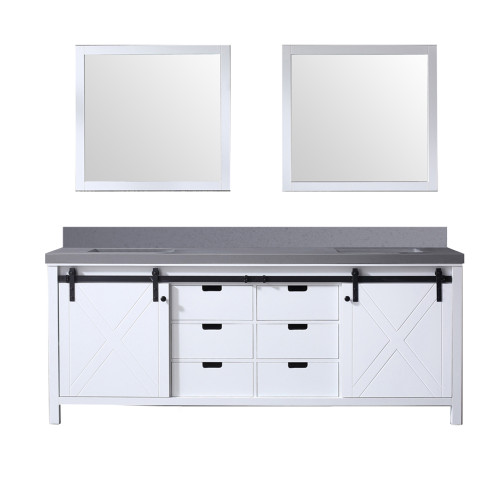 Lexora Marsyas 84" White Double Vanity Cabinet, Grey Quartz Top, White Square Sinks and 34" Mirrors w/ Faucets