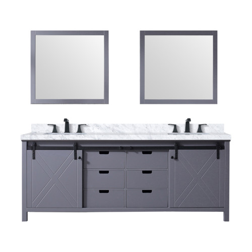 Lexora Marsyas 84" Dark Grey Double Vanity Cabinet, White Carrara Marble Top, White Square Sinks and 34" Mirrors w/ Faucets