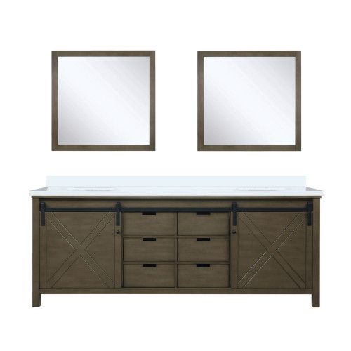 Lexora Marsyas 84" Rustic Brown Double Vanity Cabinet, White Quartz Top, White Square Sinks and 34" Mirrors