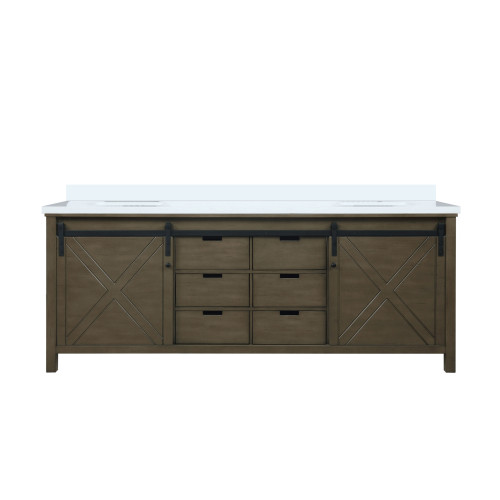 Lexora Marsyas 84" Rustic Brown Double Vanity Cabinet, White Quartz Top, White Square Sinks and no Mirror