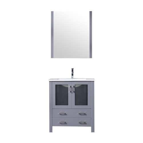 Lexora Volez 30" Dark Grey Single Vanity Cabinet, Integrated Top, White Integrated Square Sink and 28" Mirror w/ Faucet