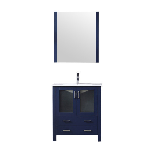 Lexora Volez 30" Navy Blue Single Vanity Cabinet, Integrated Top, White Integrated Square Sink and 28" Mirror w/ Faucet