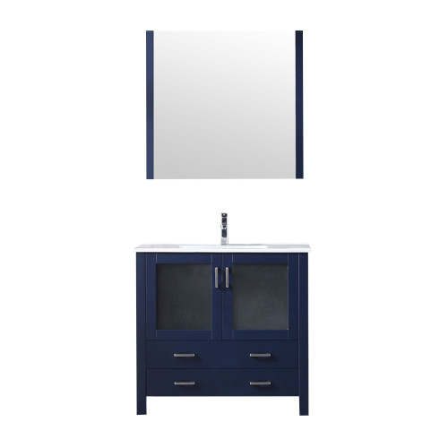 Lexora Volez 36" Navy Blue Single Vanity Cabinet, Integrated Top, White Integrated Square Sink and 34" Mirror w/ Faucet