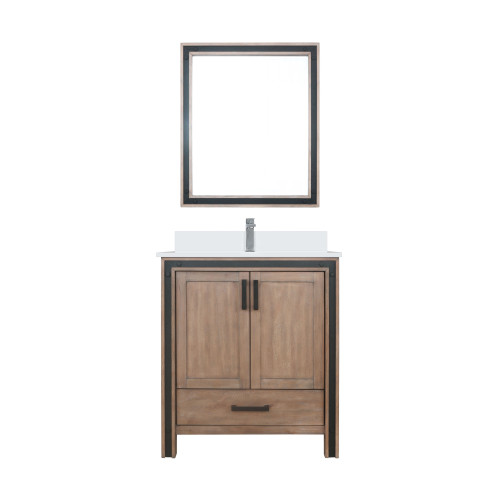 Lexora Ziva 30" Rustic Barnwood Single Vanity Cabinet, Cultured Marble Top, White Square Sink and 28" Mirror w/ Faucet